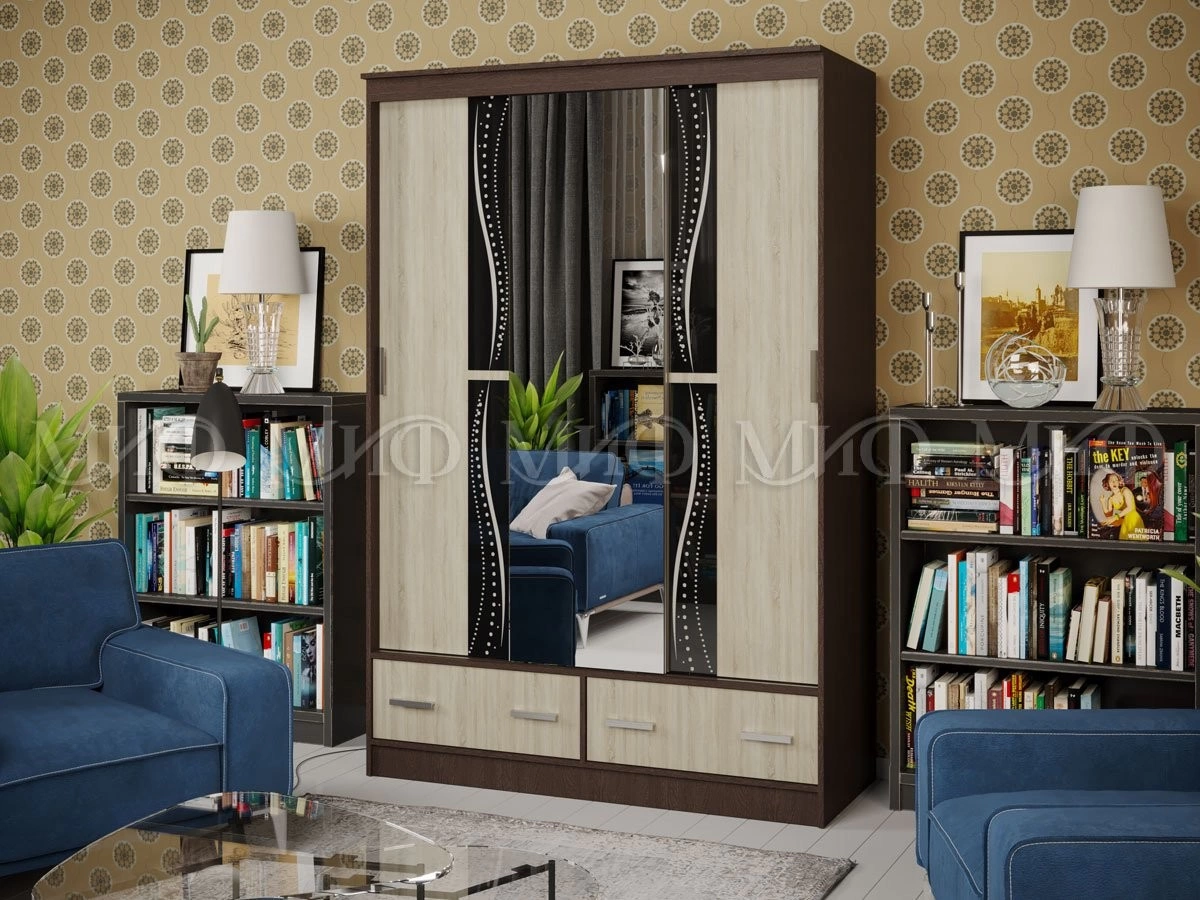 Шкаф-Купе Люмьер-1 с Пескоструйным Рисунком (Ш-1500 × В-2216 × Г-610 мм)/Разные Цвета