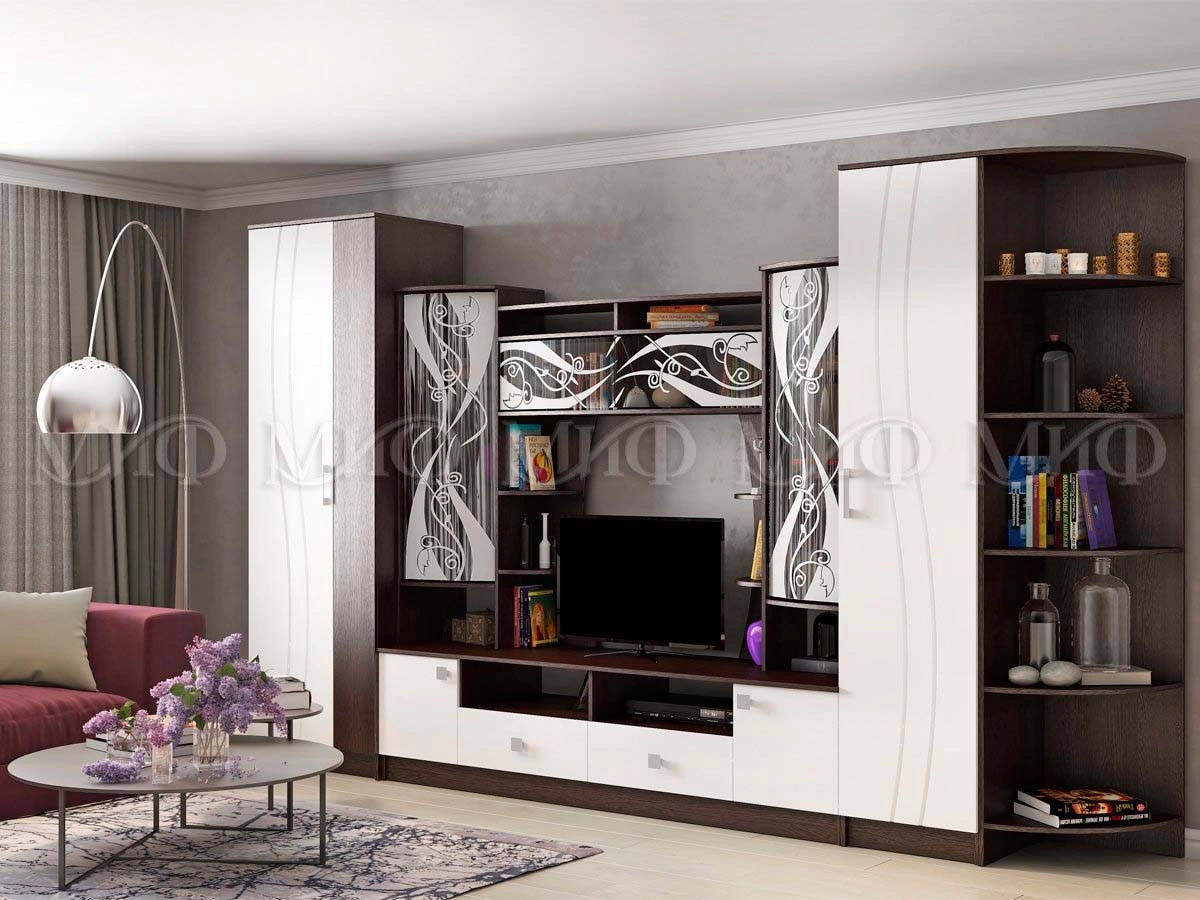 Гостиная Жасмин №3 МДФ Венге/Белый Глянец (Ш-3252 × В-2200 × Г-520 мм)