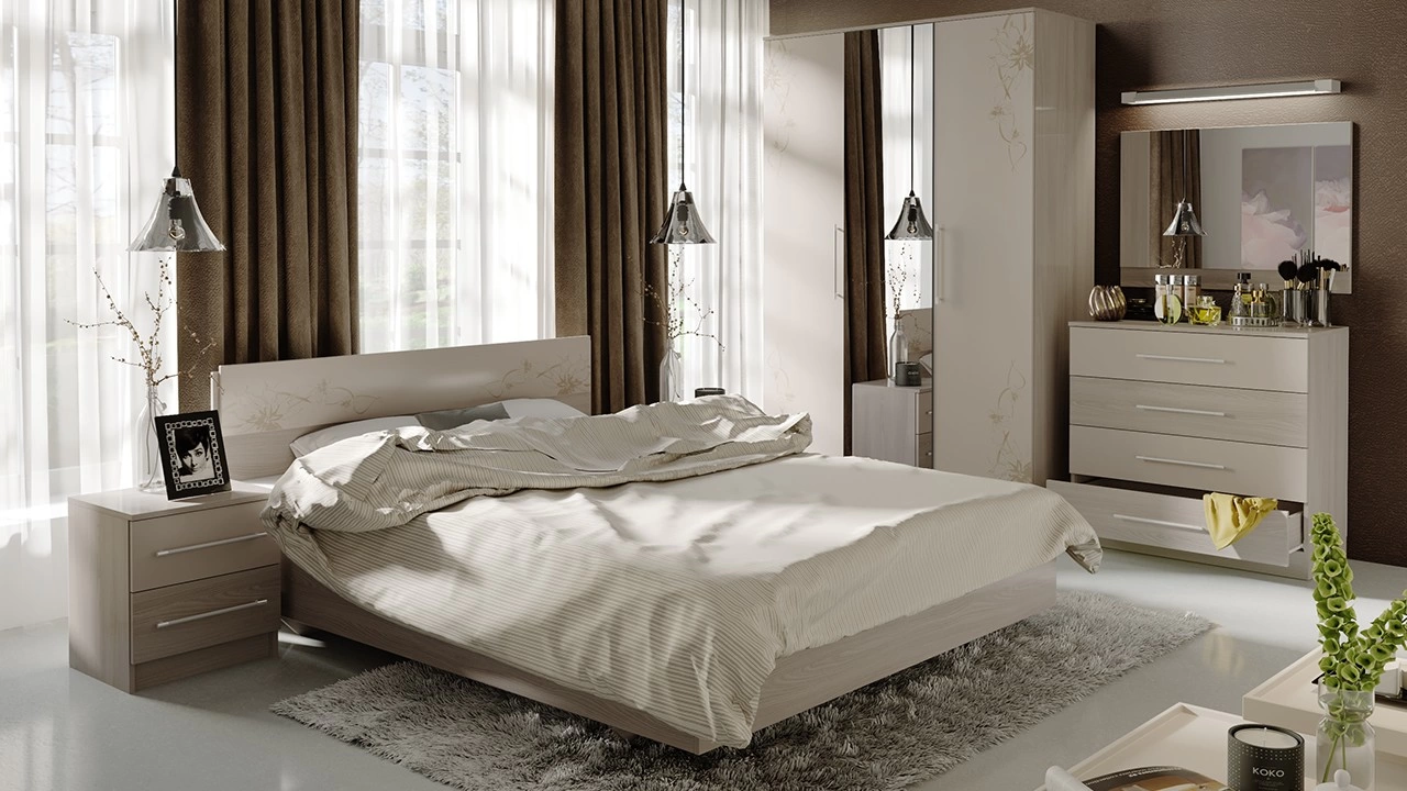 Спальный Гарнитур Мадлен №1 Ясень Шимо/Бежевый Глянец с Рисунком