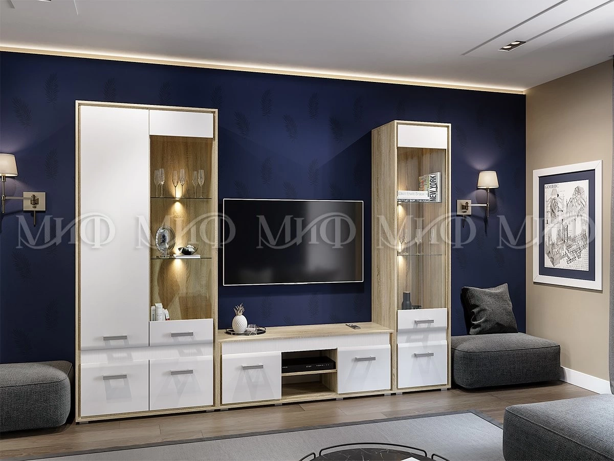 Гостиная Формула МДФ Сонома/Белый Глянец (Ш-2020 мм x Г-570 мм х В-2150 мм)