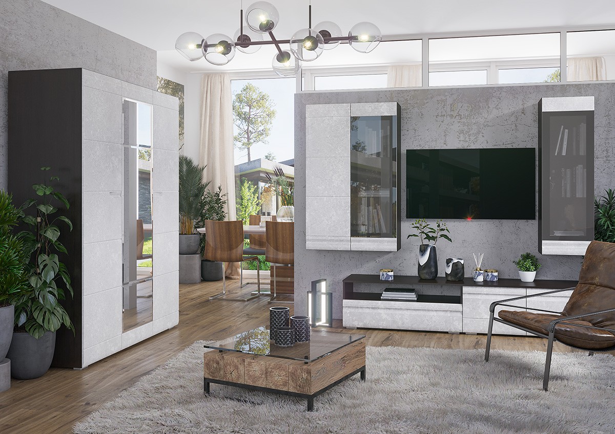 Гостиная Бостон-1/2 Венге/Бетон Белый (Гостиная Ш-2400 + Шкаф-1500 мм x В-2000 мм x Г-450 мм)