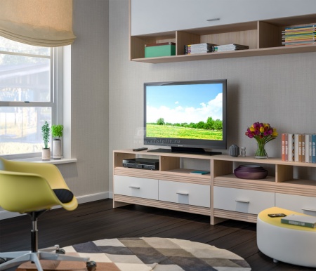 Тумба ТВ Дакота СБ-2885 Сосна Авола Шампань+Белый Глянец/Ш-1230 X В-600 X Г-330 мм